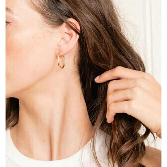 Gold Tone Oval Oblong Hoop Earrings - Picture 5 of 12